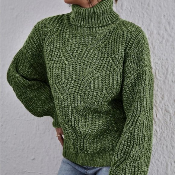 Casual High Neck Marled Knit Sweater Top Green - Picture 3 of 5